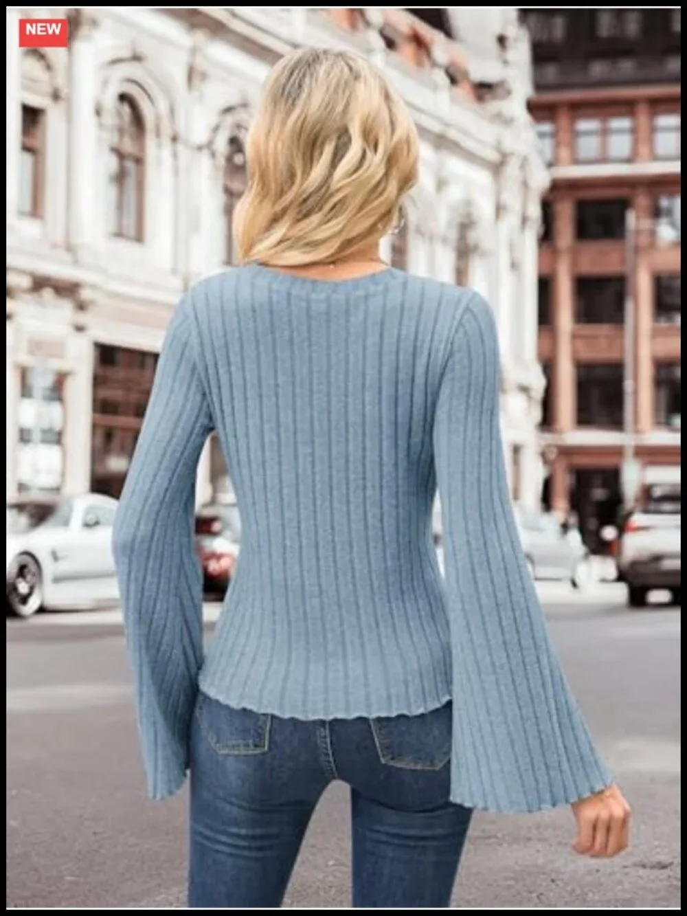 Women's Ribbed Knit Bell Sleeve Pullover Sweater Lightweight